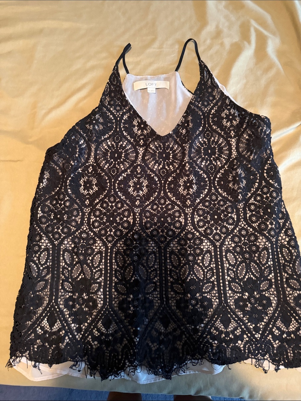 LOFT Black Lace Overlay V-Neck Cami with Ivory Lining